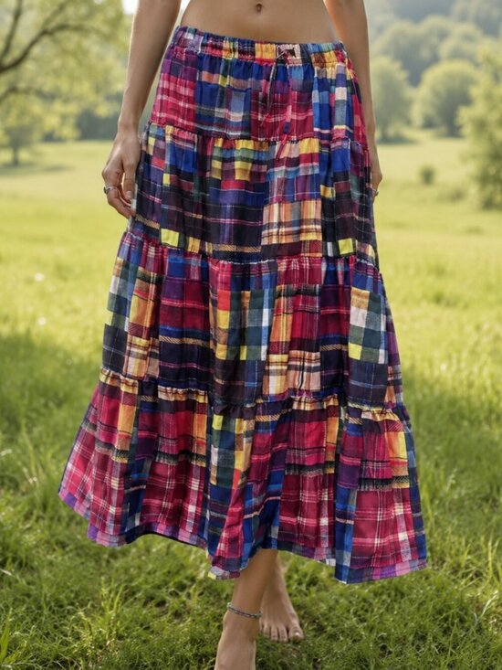 Conceptual Subculture Dresses & Skirts - Peasant Madras Long Patchwork Tartan Plaid Skirt Buffalo Red Boho Size xl Maxi